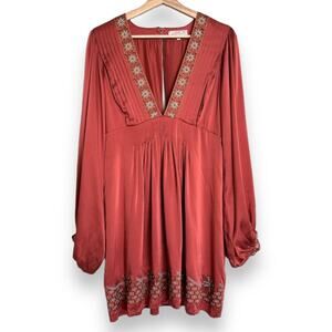 La ROK 100% Silk Embroidered Deep V Blouson Sleeve Mini Dress Women's Size S